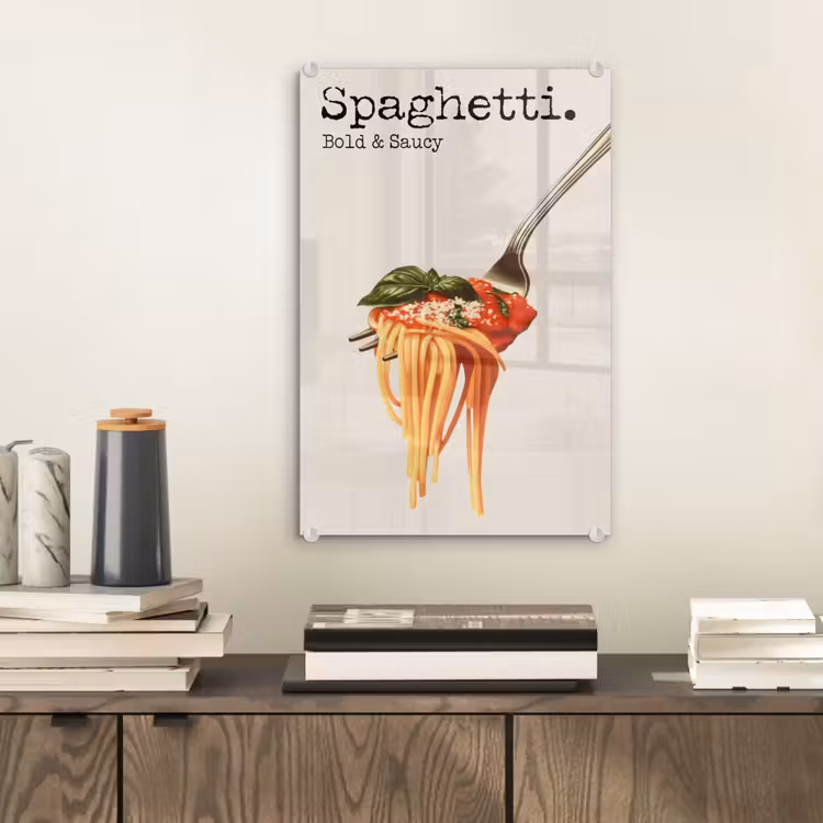 Glas schilderij - Spaghetti - tomatensaus - Parmezaanse kaas — 2