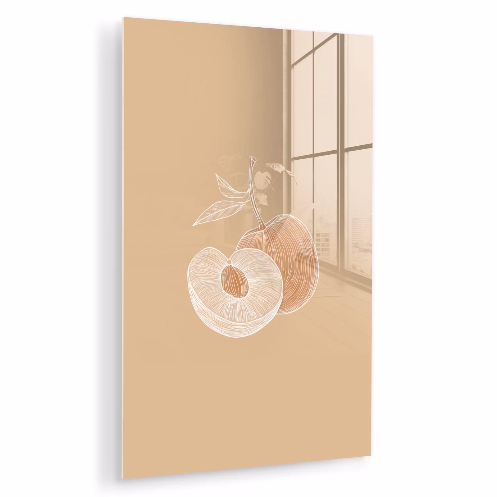 Glas schilderij - Perzik - Lijntekening - Pit - Beige — 1
