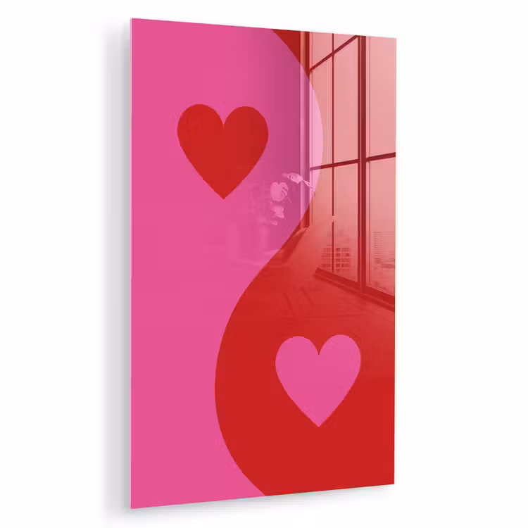 Glas schilderij - Minimalistisch - Rood - Roze - Hartjes — 1