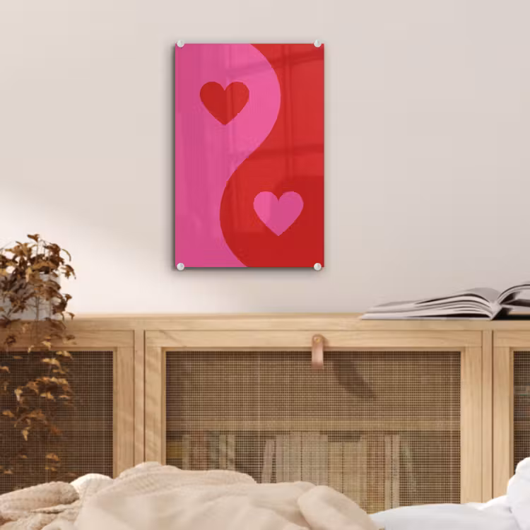 Glas schilderij - Minimalistisch - Rood - Roze - Hartjes — 5