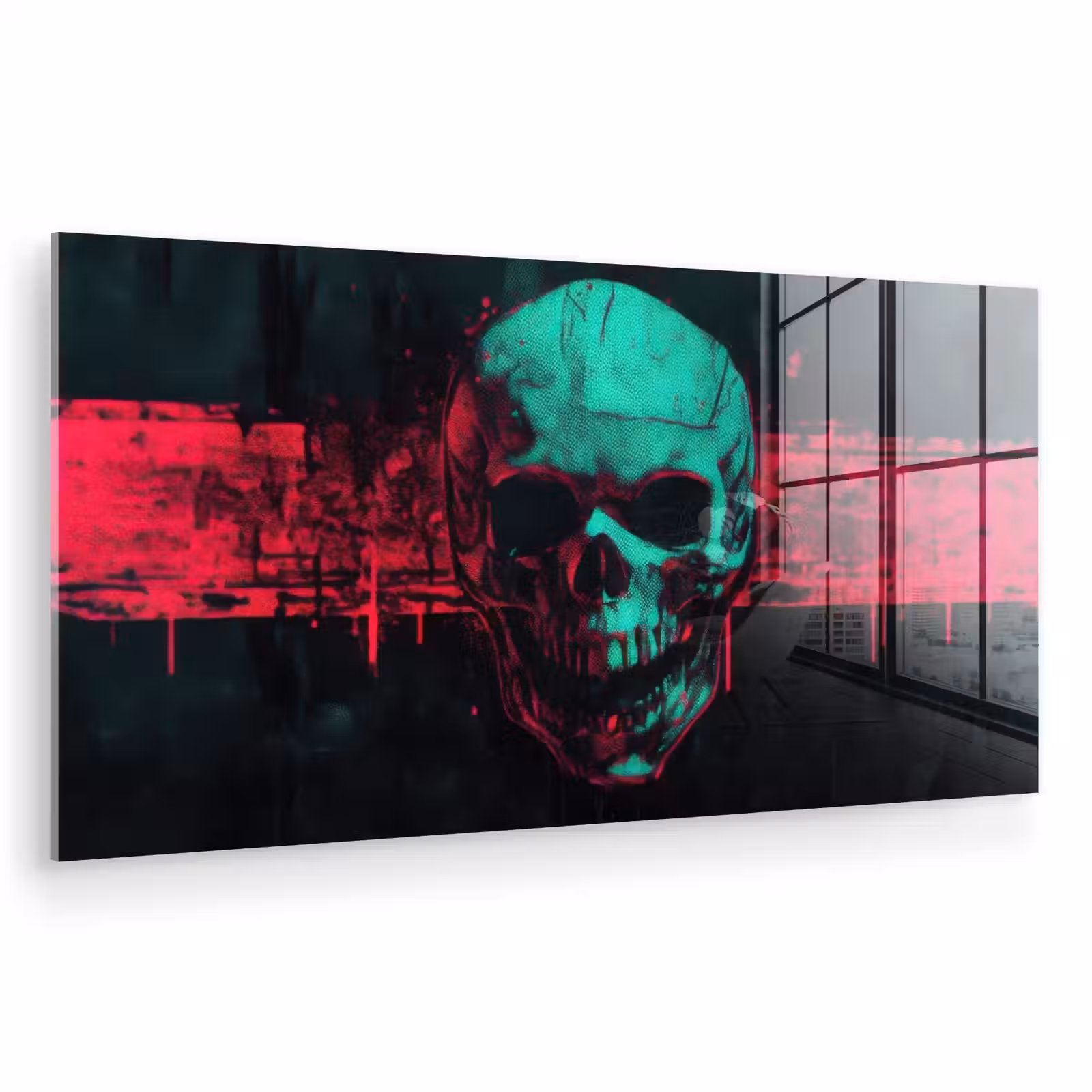 Glas schilderij - Schedel - Cyberpunk - Neon Rood — 1
