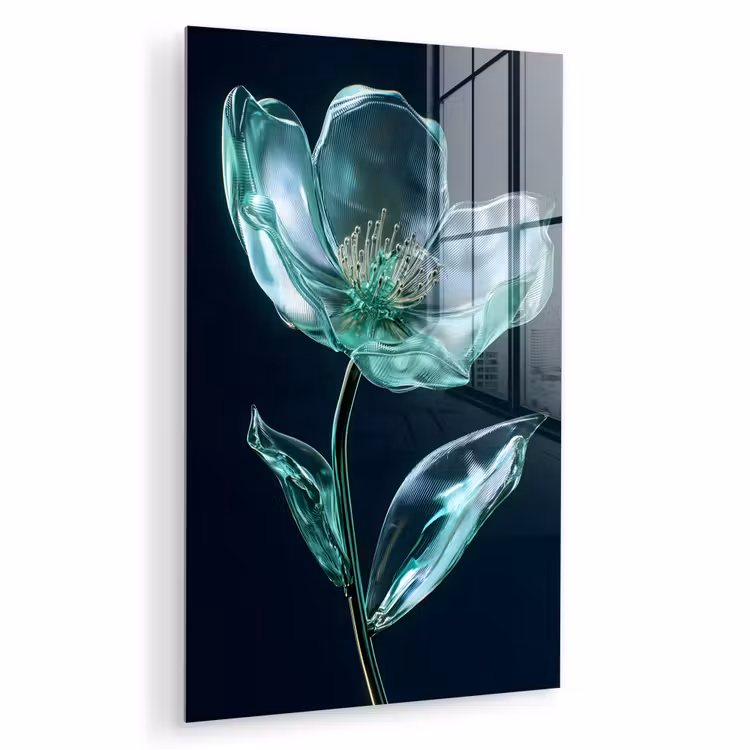 Glas schilderij - Bladeren - Bloem - Glazen - Donkerblauw — 1