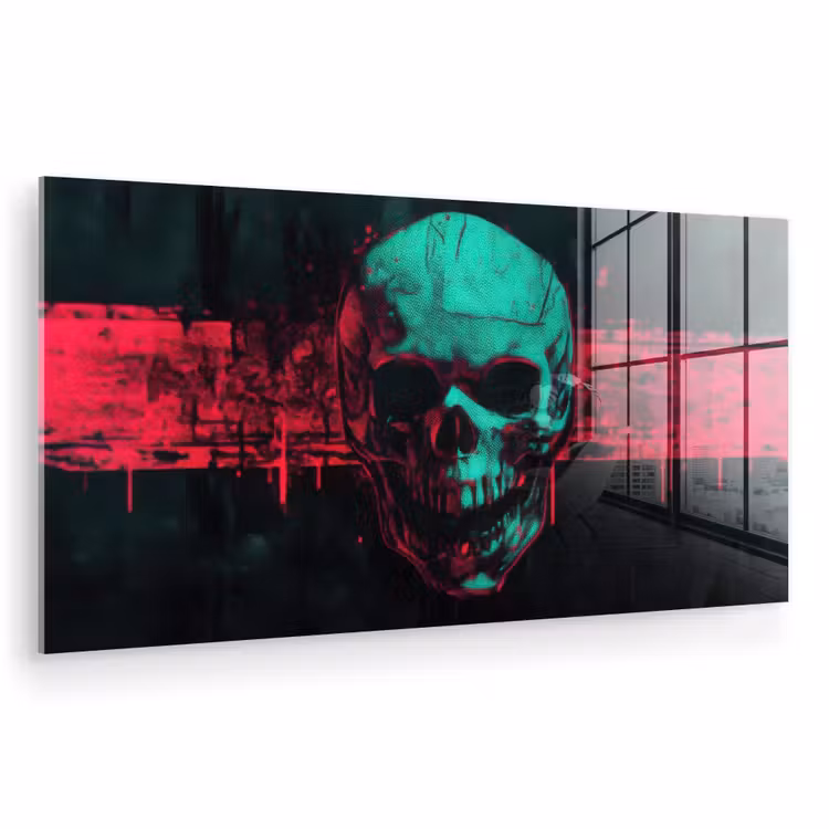 Glas schilderij - Schedel - Cyberpunk - Neon Rood — 1