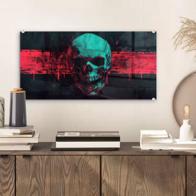 Glas schilderij - Schedel - Cyberpunk - Neon Rood — 2