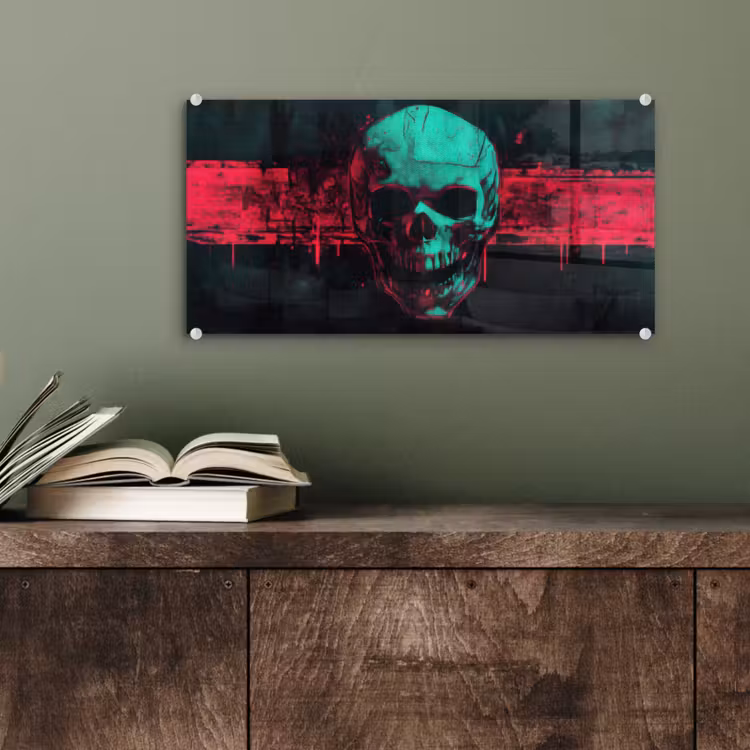 Glas schilderij - Schedel - Cyberpunk - Neon Rood — 4