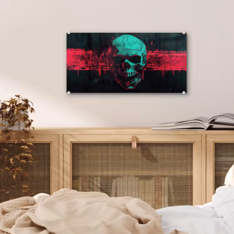 Glas schilderij - Schedel - Cyberpunk - Neon Rood — 5
