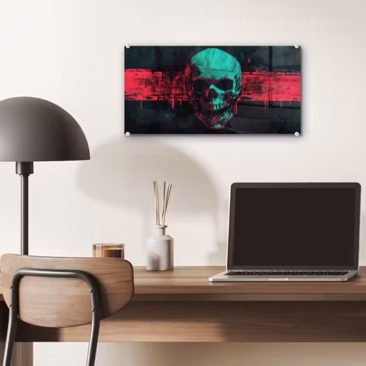 Glas schilderij - Schedel - Cyberpunk - Neon Rood — 7