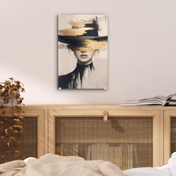 Glas schilderij - Vrouw - Hoed - Verf — 5