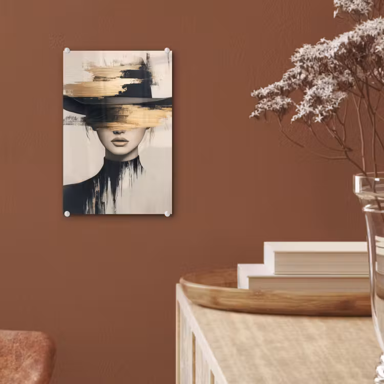 Glas schilderij - Vrouw - Hoed - Verf — 6