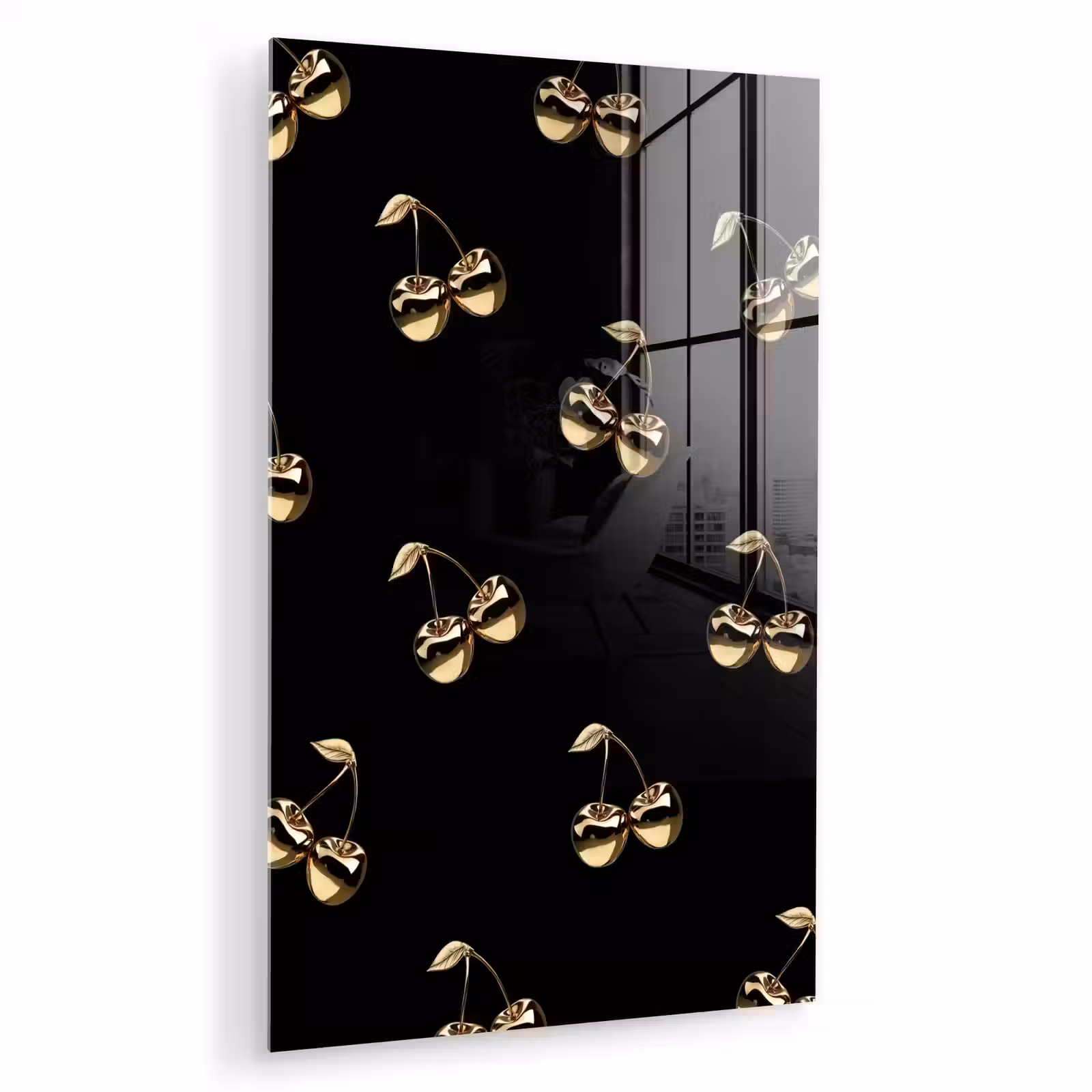 Glas schilderij - Patroon - Kersen - Goud - Chrome — 1