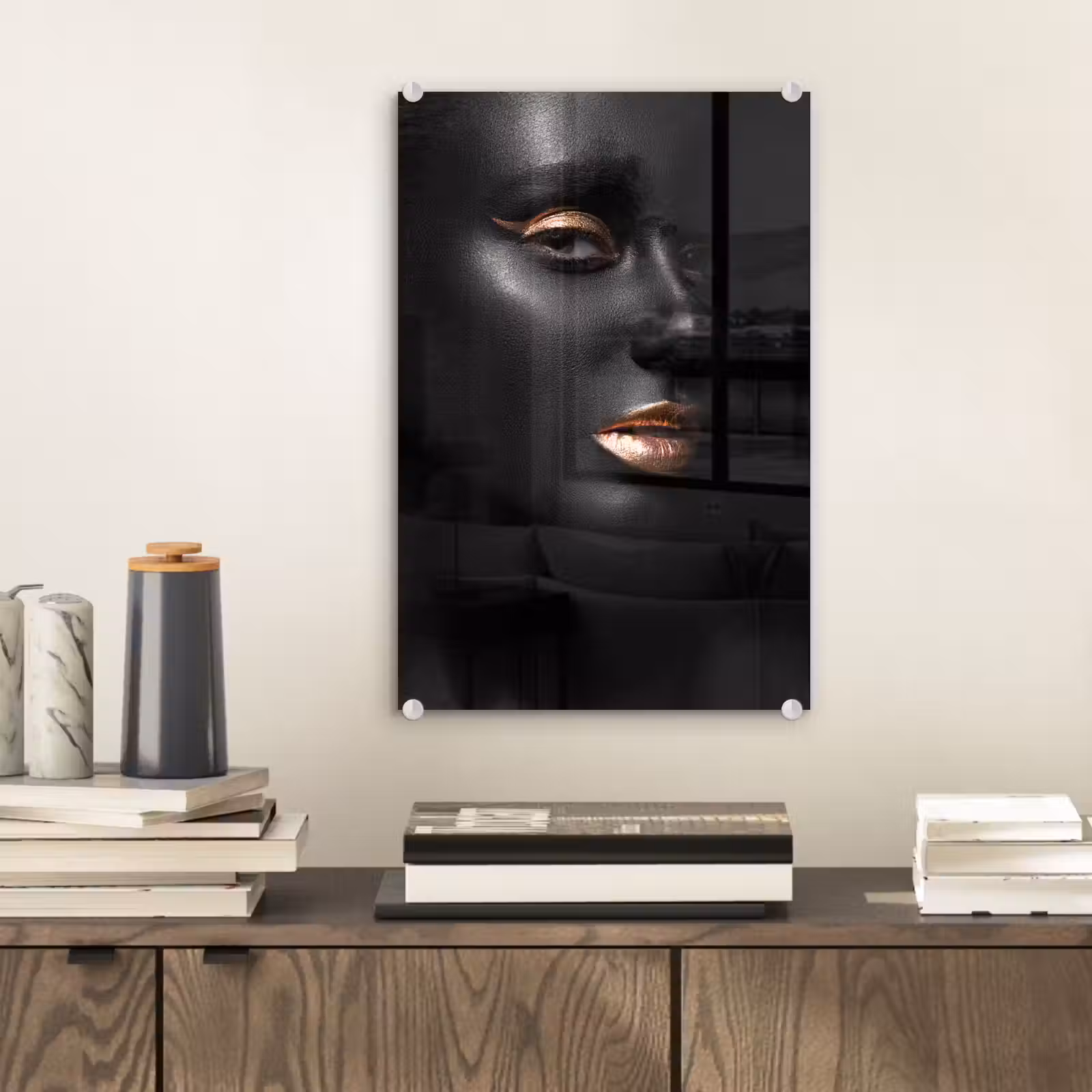 Glas schilderij - Vrouw - Make-up - Koper - Zwart — 1