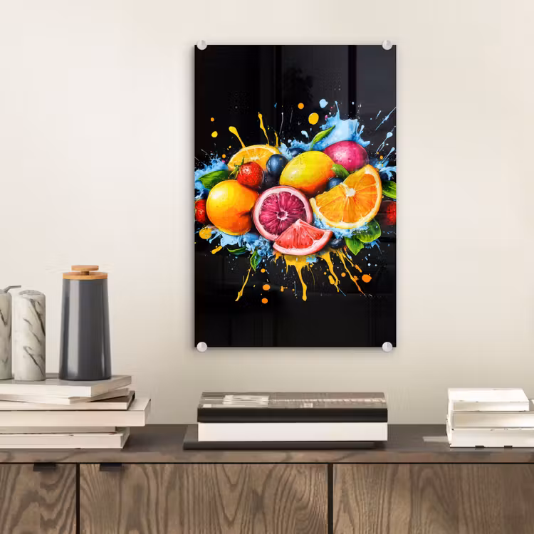 Glas schilderij - Fruit - Graffiti - Kleurrijk - Sinaasappel - Aardbei - Abstract — 2