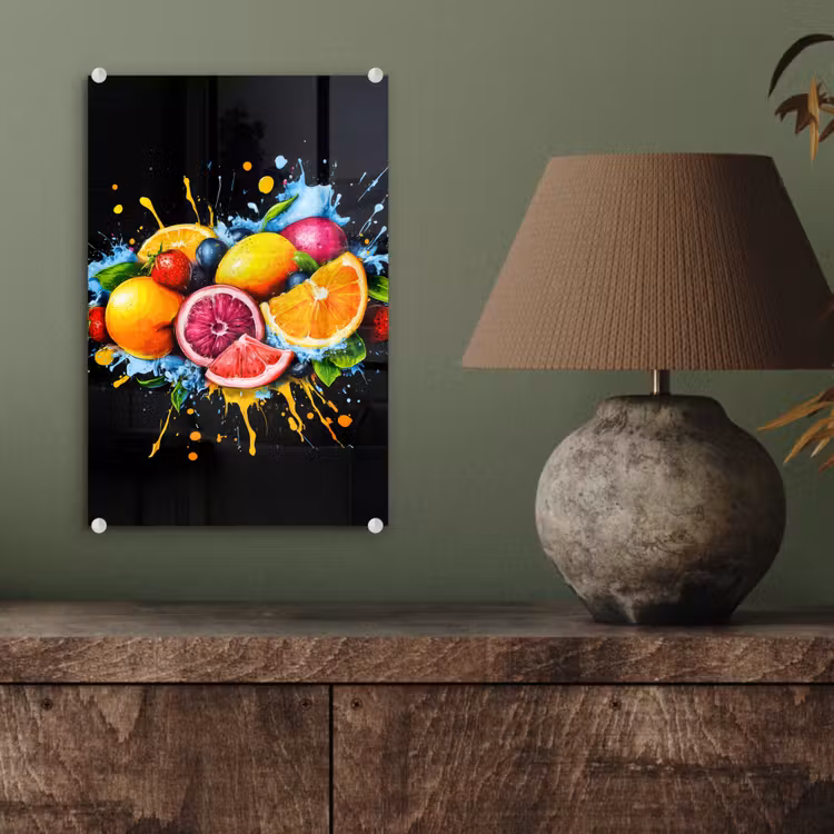 Glas schilderij - Fruit - Graffiti - Kleurrijk - Sinaasappel - Aardbei - Abstract — 4