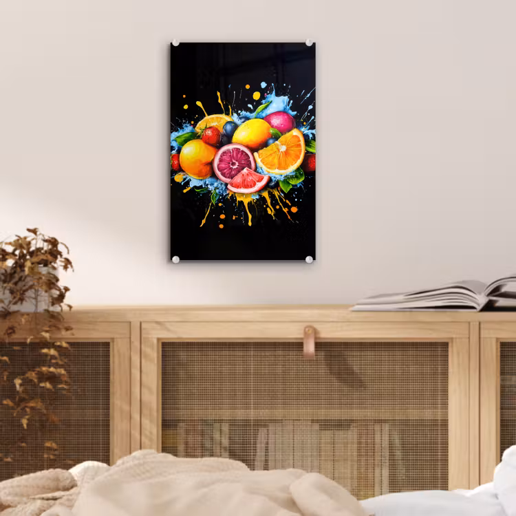 Glas schilderij - Fruit - Graffiti - Kleurrijk - Sinaasappel - Aardbei - Abstract — 5