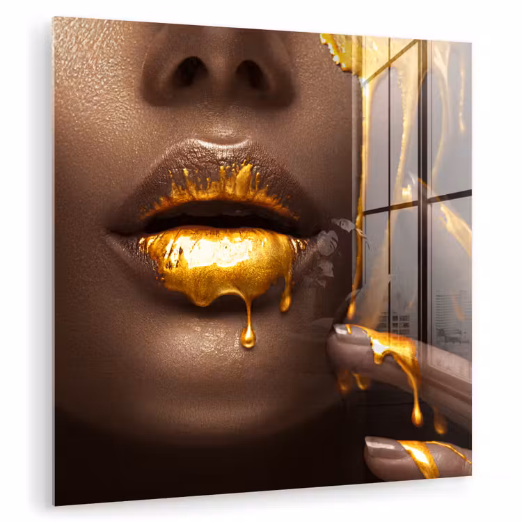 Glas schilderij - Goud - Vrouw - Verf - Lippen - Luxe — 1