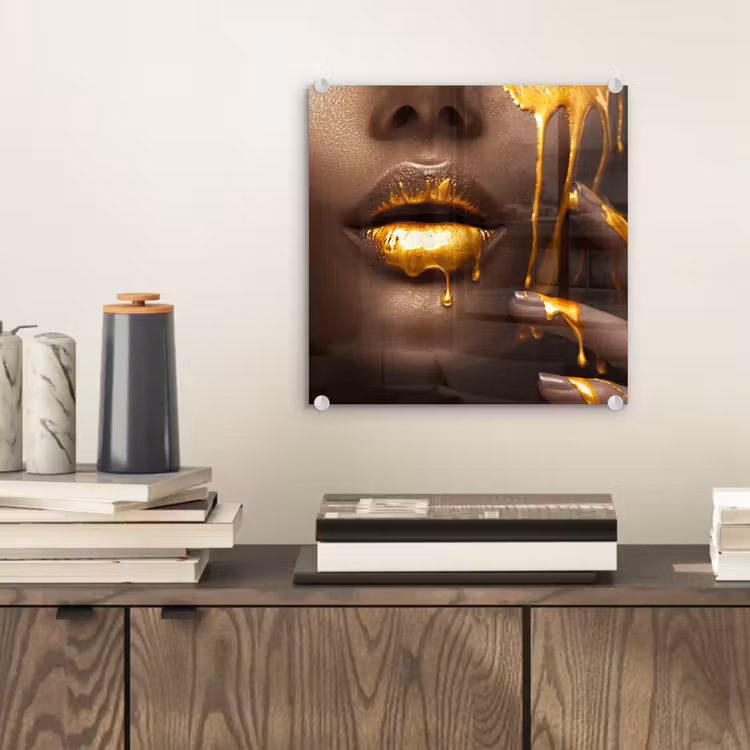 Glas schilderij - Goud - Vrouw - Verf - Lippen - Luxe — 2