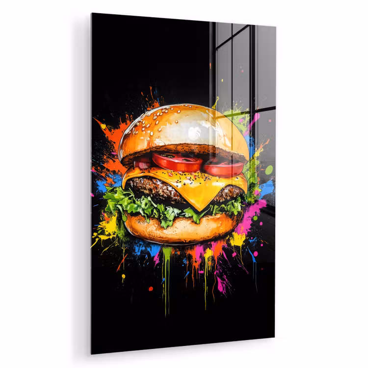 Glas schilderij - Hamburger - Graffiti - Verf - Kleurrijk - Eten - Abstract — 1