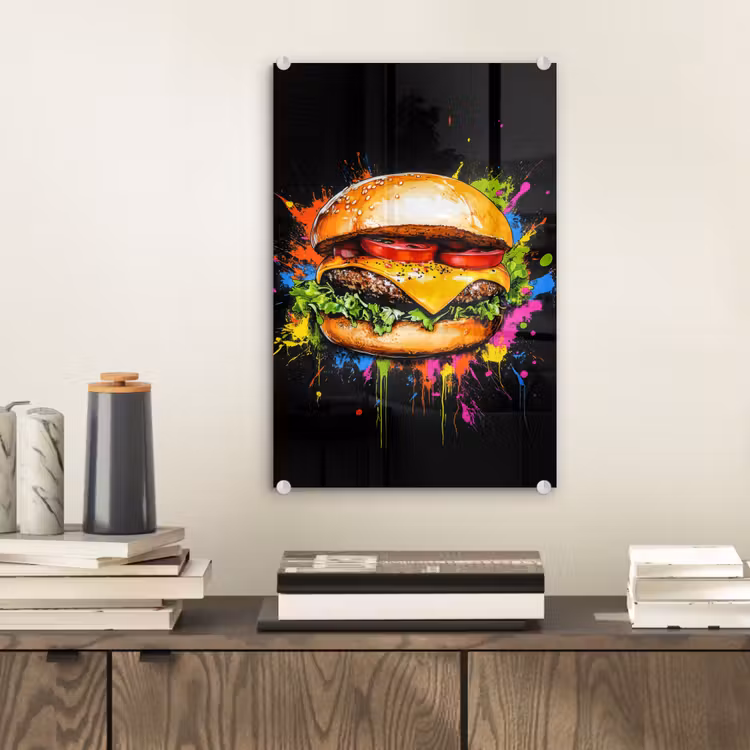 Glas schilderij - Hamburger - Graffiti - Verf - Kleurrijk - Eten - Abstract — 2
