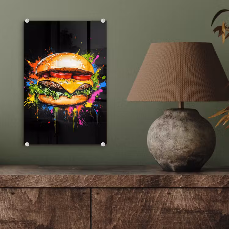 Glas schilderij - Hamburger - Graffiti - Verf - Kleurrijk - Eten - Abstract — 4