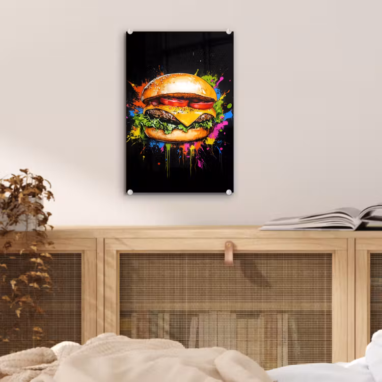 Glas schilderij - Hamburger - Graffiti - Verf - Kleurrijk - Eten - Abstract — 5