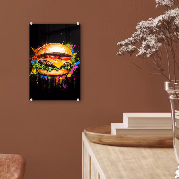 Glas schilderij - Hamburger - Graffiti - Verf - Kleurrijk - Eten - Abstract — 6