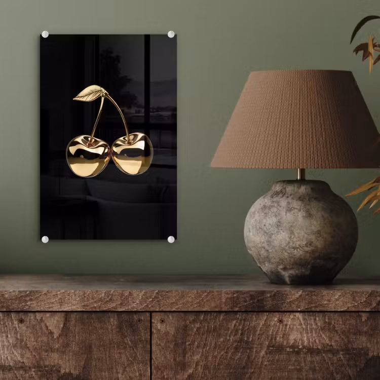 Glas schilderij - Kersen - Zwart - Goud - Chrome — 4