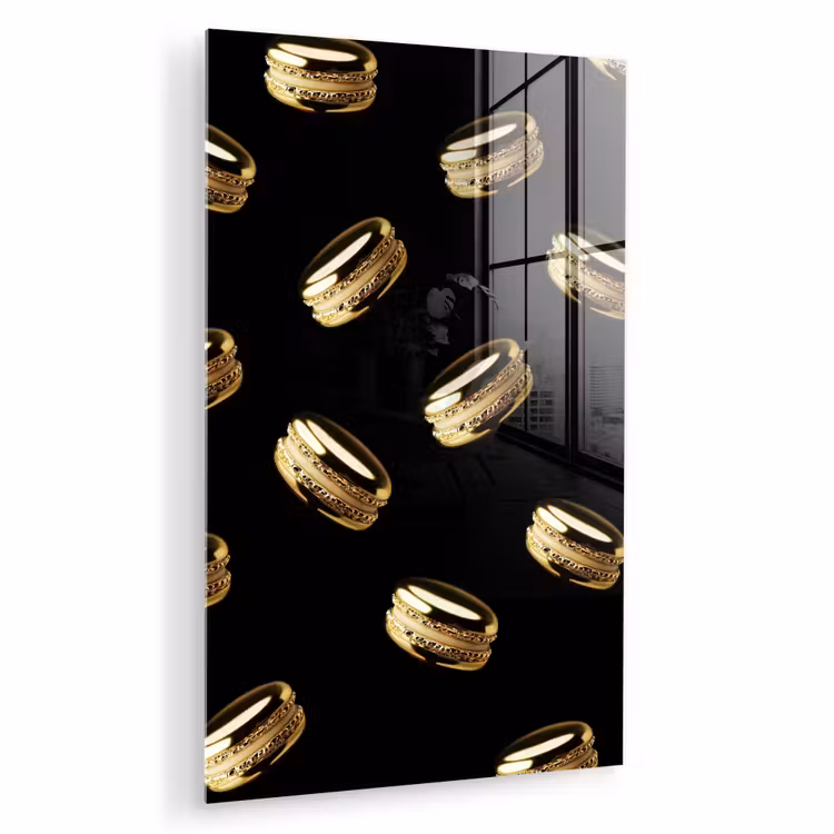 Glas schilderij - Macarons - Patroon - Goud - Zwart — 1