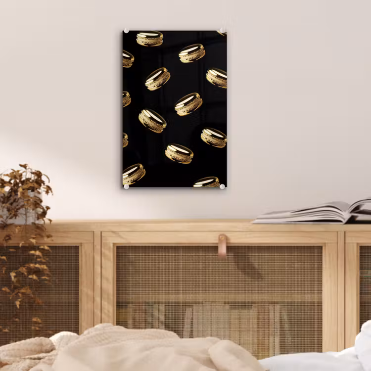 Glas schilderij - Macarons - Patroon - Goud - Zwart — 5
