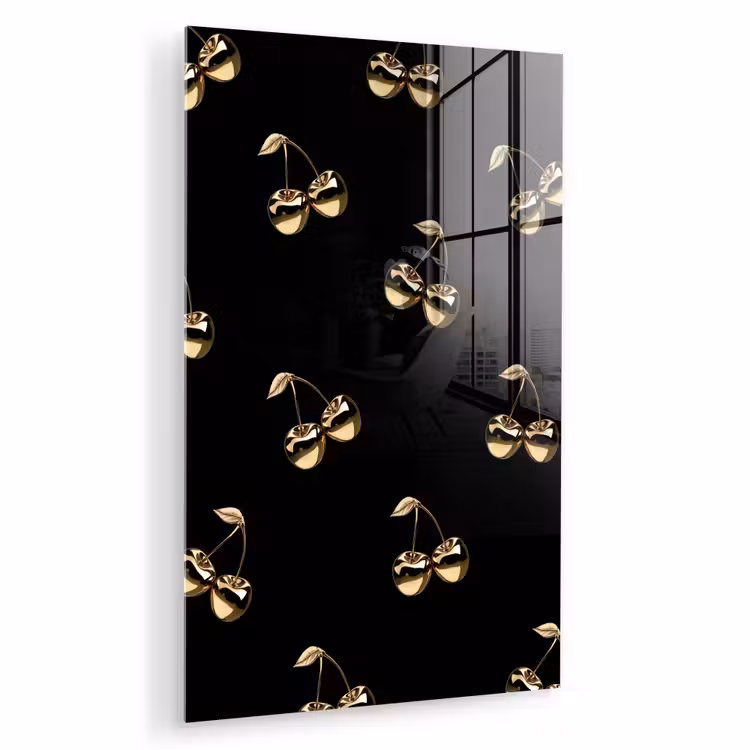 Glas schilderij - Patroon - Kersen - Goud - Chrome — 1