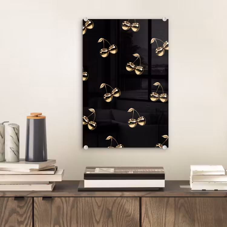 Glas schilderij - Patroon - Kersen - Goud - Chrome — 2