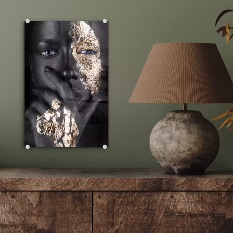 Glas schilderij - Vrouw - Goud - Zwart - Schmink - Luxe — 3