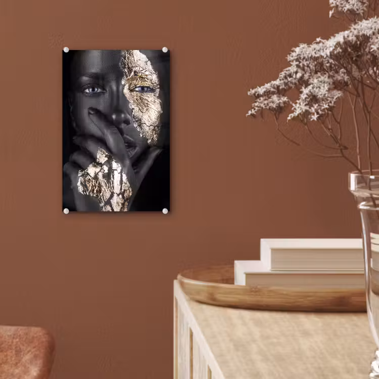 Glas schilderij - Vrouw - Goud - Zwart - Schmink - Luxe — 5