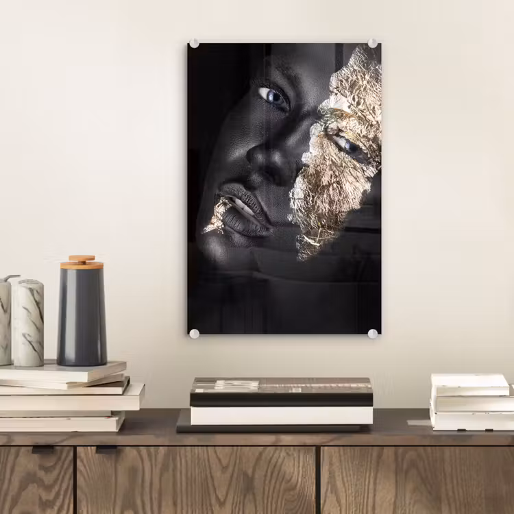 Glas schilderij - Vrouw - Goud - Zwart - Verf - Luxe — 1