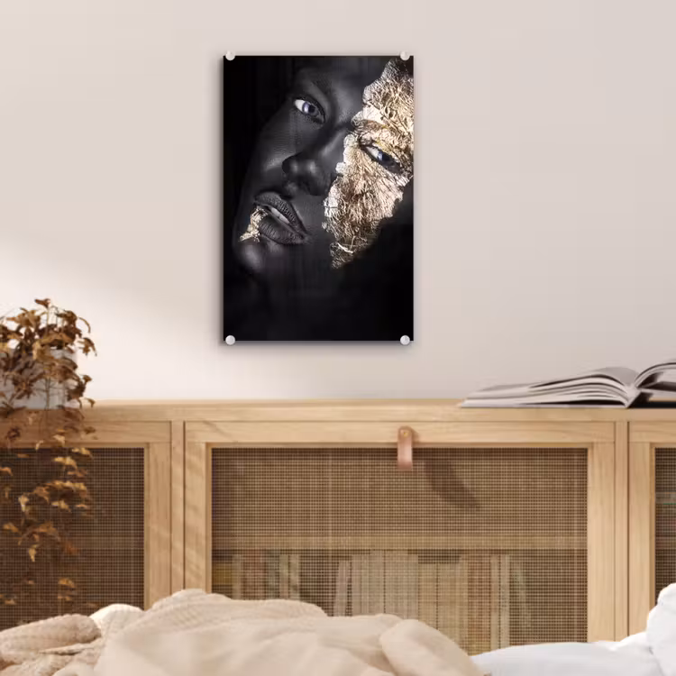 Glas schilderij - Vrouw - Goud - Zwart - Verf - Luxe — 4