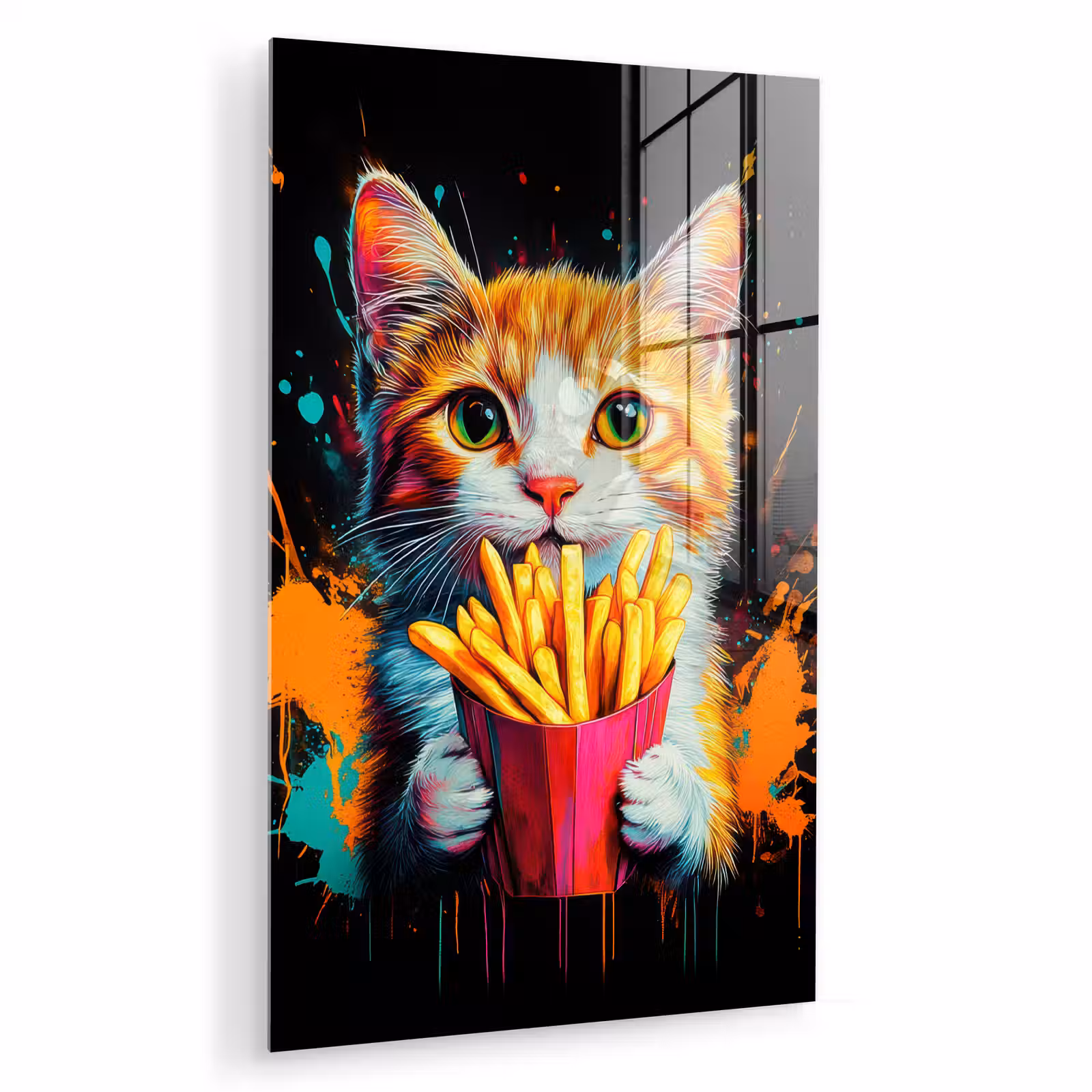 Glas schilderij - Kat - Eten - Patat - Graffiti - Abstract — 1