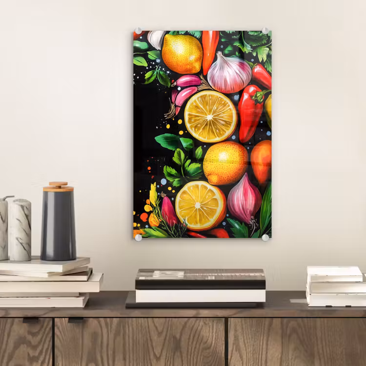 Glas schilderij - Citroenen - Peper - Kruiden - Graffiti - Verf - Abstract — 2