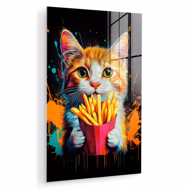 Glas schilderij - Kat - Eten - Patat - Graffiti - Abstract — 1