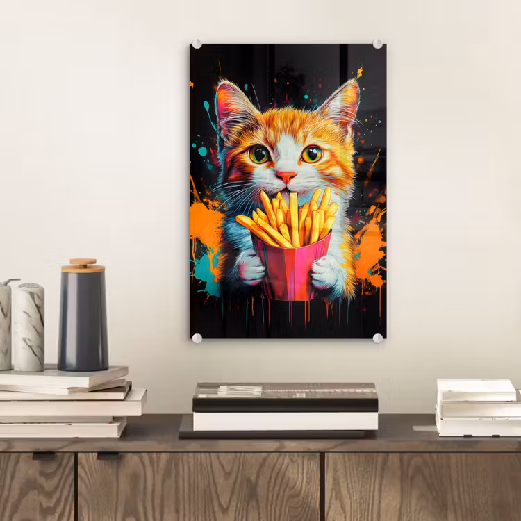 Glas schilderij - Kat - Eten - Patat - Graffiti - Abstract — 2