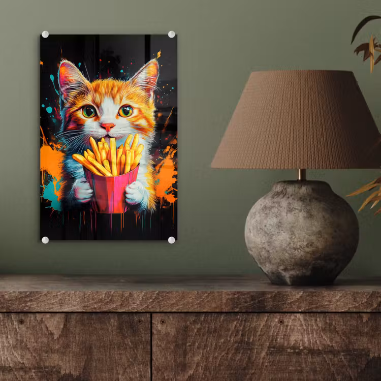 Glas schilderij - Kat - Eten - Patat - Graffiti - Abstract — 4
