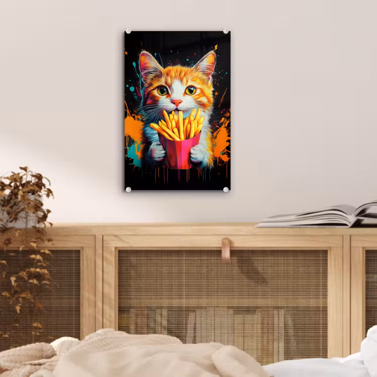 Glas schilderij - Kat - Eten - Patat - Graffiti - Abstract — 5
