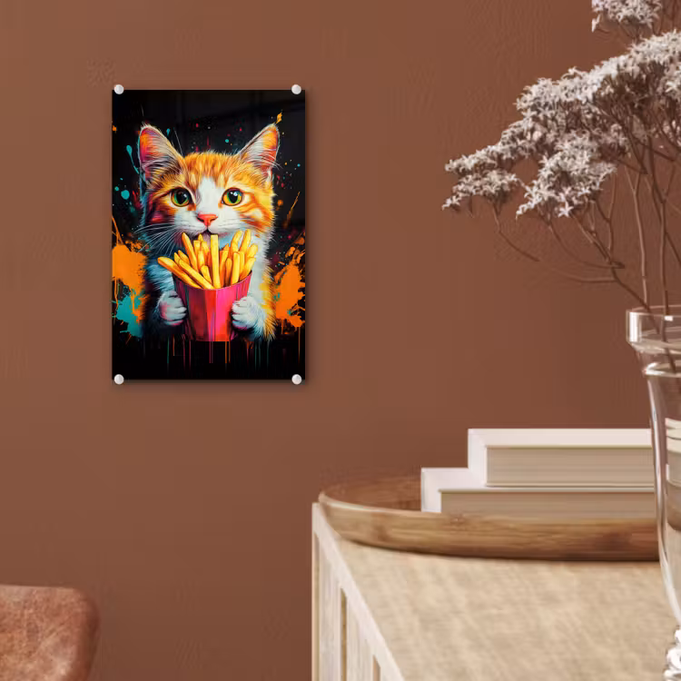Glas schilderij - Kat - Eten - Patat - Graffiti - Abstract — 6