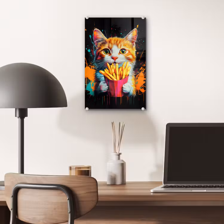 Glas schilderij - Kat - Eten - Patat - Graffiti - Abstract — 7