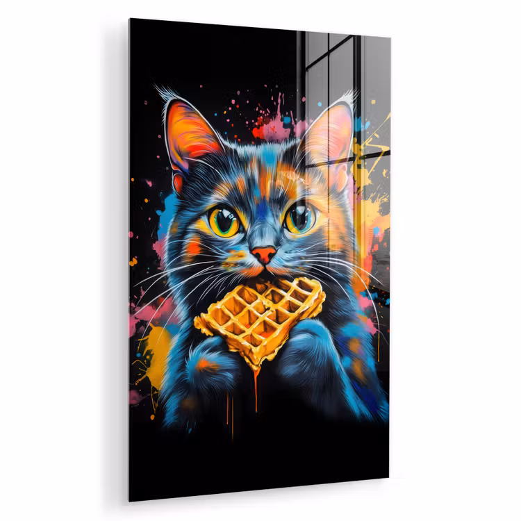 Glas schilderij - Kat - Graffiti - Kleurrijk - Wafel - Eten — 1