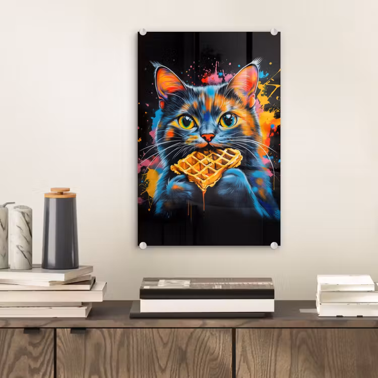 Glas schilderij - Kat - Graffiti - Kleurrijk - Wafel - Eten — 2