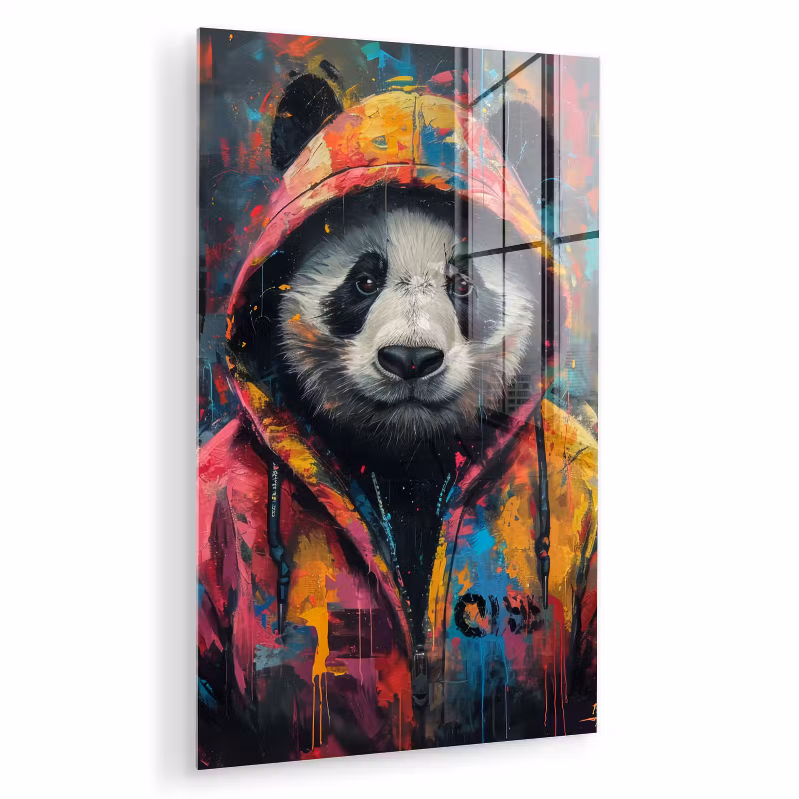 Glas schilderij - Graffiti - Panda - Jas - Kleurrijk — 1