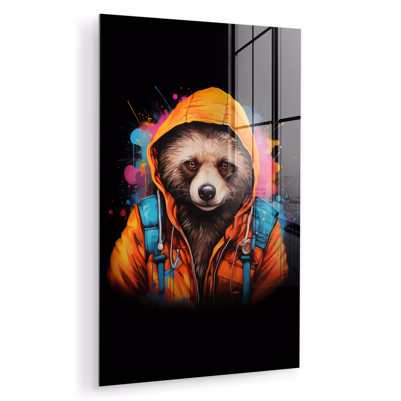 Glas schilderij - Graffiti - Wasbeer - Jas - Zwart — 1