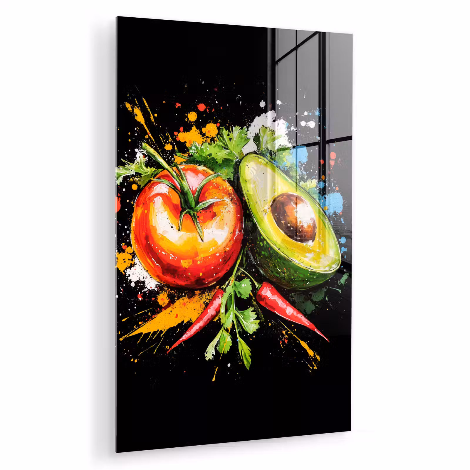 Glas schilderij - Tomaat - Avocado - Peper - Graffiti - Verf - Modern — 1