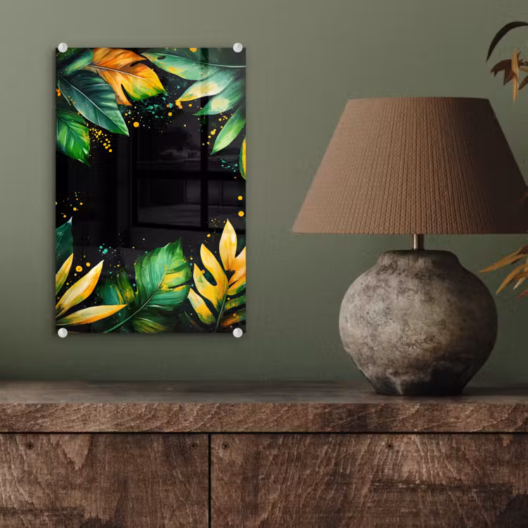 Glas schilderij - Bladeren - Groen - Geel - Verf - Jungle — 4