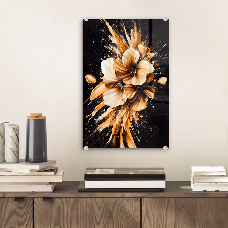 Glas schilderij - Bloemen - Goud - Graffiti - Zwart - Abstract — 2