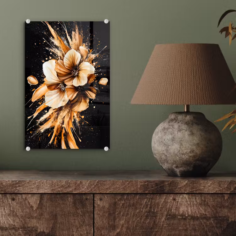 Glas schilderij - Bloemen - Goud - Graffiti - Zwart - Abstract — 4